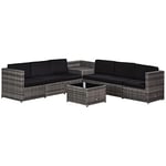 Outsunny 8 Pieces Outdoor PE Rattan Sofa Set with Cushions, Patio Garden Furniture Sets with Glass Top Coffee Table, Storage Corner Table, Grey