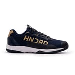 Hundred Xoom Pro Non-Marking Professional Badminton Shoes for Men | Material: Faux Leather | Suitable for Indoor Tennis, Squash, Table Tennis, Basketball & Padel (Navy Gold, EU 42, UK 8, US 9)