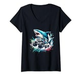 Womens Shark Riding Monster Truck for Birthday V-Neck T-Shirt