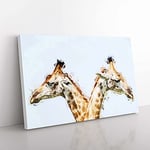 Big Box Art Giraffes Looking Both Ways in Abstract Canvas Wall Art Print Ready to Hang Picture, 76 x 50 cm (30 x 20 Inch), White, Yellow, Brown, Brown