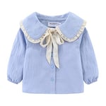 Mud Kingdom Baby Girls Shirt Peter Pan Collar with Bowknot Blouse for Girl Long Sleeve School Uniform Blue 2 Years