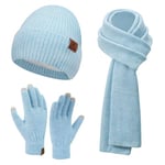 Femme Hiver Bonnet Chapeau Écharpe Longue Gants Tactiles Écran Ensemble Chaud Tricot Polaire Doublé Casquette Foulard Gant Cadeaux de Noël Anniversaire pour Femmes