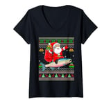 Womens Ugly Xmas Sweater Santa Riding Rainbow Trout Fish Christmas V-Neck T-Shirt