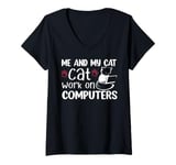 Womens Me And My Cat Cat Work On Computers V-Neck T-Shirt