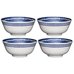 KitchenCraft Set of 4 Glazed Stoneware Bowls with Mediterranean Pattern, Blue & White Ceramic Bowls with Footed Base, Microwave & Dishwasher Safe, 15.7 cm (6") POKCBOWL09