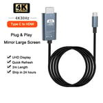 2m 4K 30Hz Silver Câble USB de type C vers HDMI, adaptateur HDTV, convertisseur TV, iPhone 15, MacPleAir, iPad, Samsung, ordinateur portable, 4K, 60Hz ""Nipseyteko