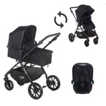 Nurse Track, Poussette bébé 2 en 1 + siège auto, hamac convertible en nacelle, pliage compact, avec habillage pluie et sac, Noir