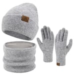 ZASFOU Femme Bonnet d’hiver Chapeaux Foulard Écran tactile Gants Set Bonnets tricot chaud cache cou pour homme,Gris Clair