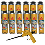 SIKA - Lot de 12 x Mousse polyuréthane Expansive Sika Boom 528, Pistolable & Réutilisable, Rendement 23L, pour jointer, calfeutrer, isoler, 500ml Blanc + Pistolet Foam Gun pour mousse expansive