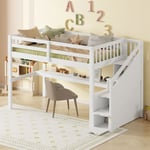 Lit mezzanine 90x200cm, lit surélevé pour enfant, escalier à droite avec tiroirs de rangement et bureau sous le lit, blanc