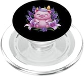 Cochon en style dessin animé kawaii avec lavande et lys PopSockets PopGrip pour MagSafe