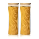 Joeyan 2000ml Boite Spaghetti, Bocal Hermétique avec Couvercle en Bambou - Lot de 2 Bocaux Rangement Cuisine en Verre Borosilicaté - Pot Conservation Bocal en Verre pour Farine Céréales