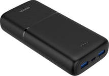 Deltaco Powerbank med hurtiglading, 3 porter, 2x USB-A 18W, 1x USB-C PD 20W, 20 000 mAh svart