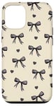 Coque pour iPhone 12/12 Pro Coeurs noirs esthétiques et nœuds en ruban sur coquette beige