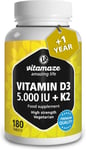 Vitamin D3 5000IU & Vitamin K2 100ug MK7 | 180 High Strength Vitamin D3 K2 | 1 |