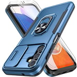 Giolus for Samsung Galaxy A14 4G / A14 5G Case with Slide Camera Cover + 2 Screen Protector, Military Shockproof Full Body Protective Rugged Phone Case, Built in 360° Ring Holder Kickstand, Blue