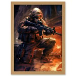 Army Warfare Desert Sniper Explosion Flames Oil Painting Soldier Action Scene Artwork Framed Wall Art Print A4