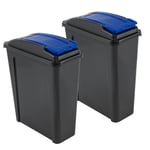 2 x 25L Slimline Recycle Bin with Flap Lid Kitchen Compact Waste Dust Bin- Blue