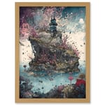 Fantasy World Coastal Island Landscape Nymph House Magical Marine Life Flying Fish Seaweed Cloud Artwork Framed Wall Art Print A4