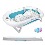 Baignoire Bébé Pliable avec Coussin de Bain et Thermomètre Intégré - Baignoire Enfant avec 5 Balles et Support Baignoire Offerts - Idéal pour Cadeau de Naissance Fille ou Garçon