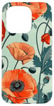 Coque pour iPhone 15 Pro Motif coquelicot orange vintage sur fond bleu clair