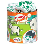 Aladine- STAMPO Minos 10 Tampons Animaux de la Ferme avec Encreur, dès 3 Ans, Stampominos, Encre Lavable, Vache Cochon Poule Cheval, Activité Enfant Dessin Garçon Fille, Idée Cadeau, 85102, Noir