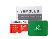 Micro-SD Evo Plus Memory Card for Samsung S7, S7+, S8, S8+, S9, S9 Plus Mobile Phone - Includes Digi Wipe Microfibre Cleaning Cloth (64GB)