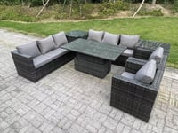 Wicker PE Garden Furniture Rattan Sofa Set Patio Adjustable Rising Lifting Dining Table Set with 2 Armchairs