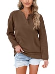 Aokosor Womens Sweatshirt Ladies Long Sleeve Tops with Button Jumpers Plain Jumpers Brown Size 10-12