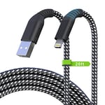 Câble de chargeur d'iPhone long, 20FT/6M câble Lightning [certifié A pple MFi] tressé en nylon 2.4A charge rapide câble de synchronisation, USB A câble de charge pour iPhone 14 13 12 11 Pro