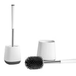 Brosse WC avec Support de Drainage, tête de Brosse en Silicone Souple Anti-Obstruction et Anti-Gouttes, Couleur Blanc/Gris avec poignée en Acier Inoxydable, 1 pièce