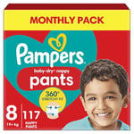 Pampers Baby-Dry Nappy Pants Size 8, 117 Nappies, 19kg+, Monthly Pack, 360° Fit To Help Prevent Gaps And Leaks