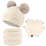 Enfants Garçons Filles Hiver Chaud Pom Pom Bonnet En Tricot Chapeau Cache-Cou Écharpe Et Gants À Écran Tactile Avec Doublure Polaire pour 3-10 Ans