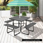 Costway Table De Pique-Nique Ronde Avec 4 Bancs Pour 8 Personnes, Trou Pour Parasol, Table De Camping Pour Terrasse, Jardin, Noir