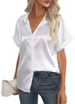 Maeau - Chemise en Satin Blouse Femme Manches Courtes T-Shirt en Satin Soie Top Été Casual Bureau Chemisier Col V S Blanc