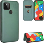 Compatible Avec Coque Google Pixel 5, Mince Flip Fibre De Carbone [Test De Chute] Antichoc Stand Fente Avec Carte, Protecteur D'écran En Verre Trempé*2-Vert