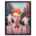 Artery8 Urban Cowboy Oil Painting Ginger Hipster With Cattle Artwork Framed Wall Art Print A4