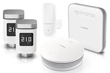 Bosch Smart Home Set pour la Commande Intelligente du Climat ambiant et l'alarme fiable, 2X Thermostat de radiateur II, 1x Contact de Porte/fenêtre II, 1x détecteur de fumée, 1x Controller