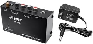 Pyle Préampli Phono pour Platine Vinyle - Mini Préamplificateur Phonographe Audio Stéréo avec Compartiment Pile 9V, Adaptateur DC 12V, Entrée/Sortie RCA & Fonctionnement Ultra-Basse Bruit, Noir