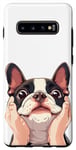 Coque pour Galaxy S10+ Adorable chien terrier de Boston Mains sur les joues Drôle Chien Maman Papa