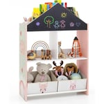 Meuble de Rangement Enfant, Bibliothèque Enfant en Bois Forme de Maison avec Tableau Noir, Étagère de Livres Jouets avec 2 Compartiments 2 Bac