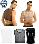 Uk Men Mesh Crop Top Muscle T-shirt Gym Sport Vest See-through Leather Clubwear