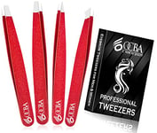 OCBA 4 Pcs Red Tweezers for Facial Hair Women & Men for Precise Grooming of Eyebrows - Professional Stainless Steel Black Color Coated Eyebrow Tweezers for Ingrown Hair on Nose Ear (Red)