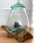 Molten Jar & Lid On Wood Root Stand | Decorative Jar | Glass Rustic Wooden Base