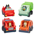 Bluey Mini Racers, 4 of the Most Popular Vehicles in Mini Form. Roll and Race With Garbage Truck, Fire Truck Bingo, Convertible Bandit and Heeler 4WD Chilli, Collect Them All!