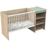 Lit bébé combiné - 120x60cm - Evolutif en 90x190cm - Babyprice Up - Décor bois - Avec commode à langer étagère