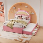 Lit gigogne 140x200cm+90x190cm, lit d'enfant avec 3 tiroirs, sommier à lattes et tête de lit forme licorne, matière PU, rose