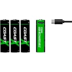 Batteri Coast Uppladdningsbara AA 1,5V 2400 mAh 4-pack inkl Laddningskabel