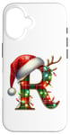 Coque pour iPhone 16 Red Christmas Plaid Initial R Monogrammed Santa Hat Letter R