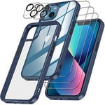 Emetok 6-en-1 Coque pour iPhone 13 et iPhone 14, 360 Degrés Protection,1 Coque Améliorée Anti-Jaune avec 3 Verre Trempé + 2 Caméra Protecteur pour iPhone 13 et iPhone 14, Bleu